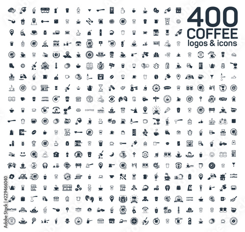 Coffee details and tools 400 isolated icons set on white background. Logo and sign for coffee shop and house
