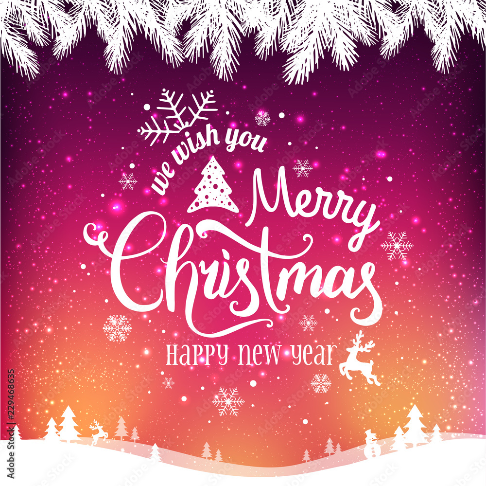 Christmas and New Year typographical on background with winter landscape with snowflakes, light, stars. Xmas card.