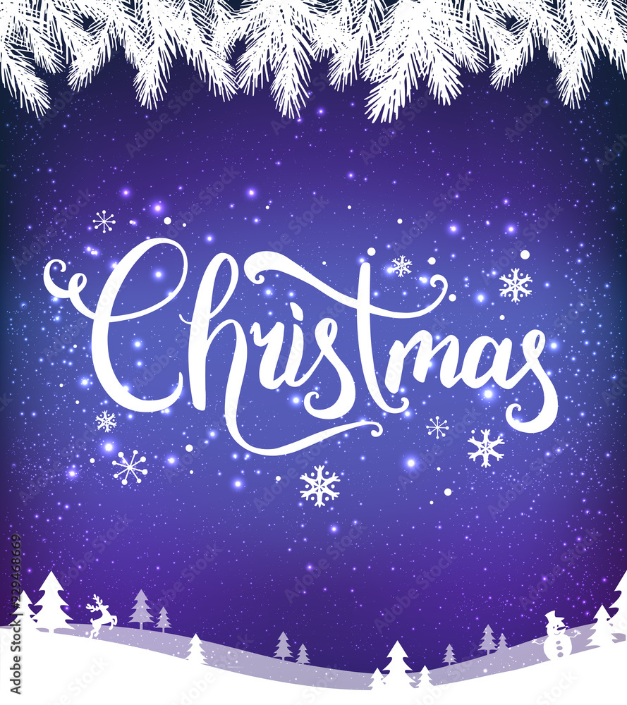 Fototapeta premium Christmas and New Year typographical on background with winter landscape with snowflakes, light, stars. Xmas card.