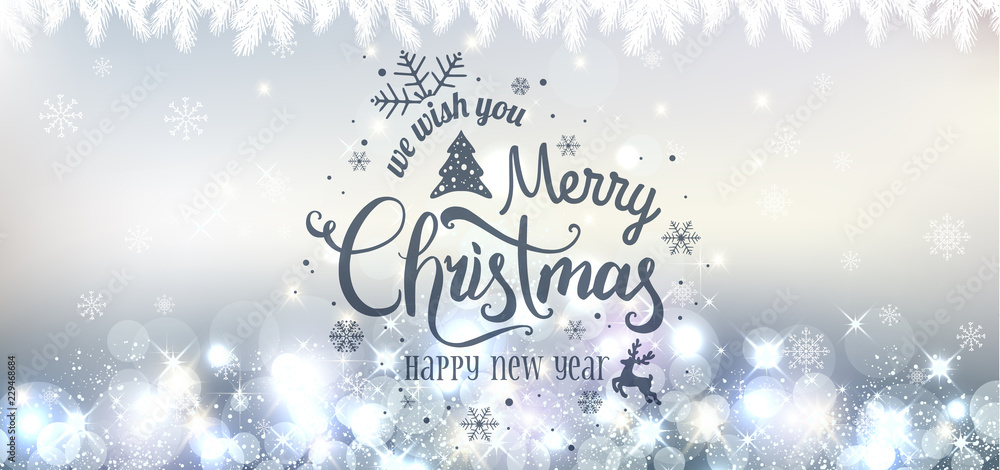 Christmas and New Year typographical on holidays background with snowflakes, light, stars. Xmas card.