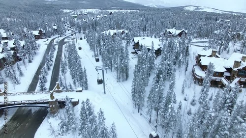 4k aerial drone footage of the ski and snowboard gondola.  Breckenridge, Colorado