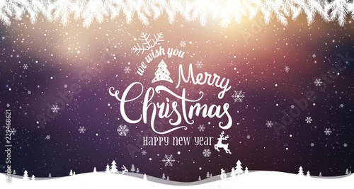 Merry Christmas and New Year typographical on holidays background with winter landscape with snowflakes, light, stars.