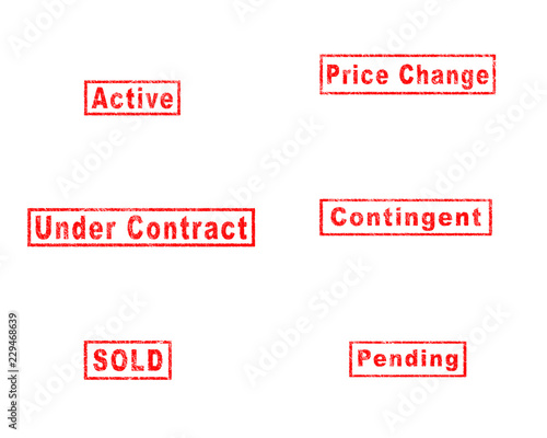 Active, Under Contract, SOLD, Price Change, Contingent, Pending in RED STAMP WITH SCRATCH EFFECT ON WHITE BACKGROUND. (TERMS OFTEN USED IN BUYING AND SELLING REAL ESTATE PROPERTY).