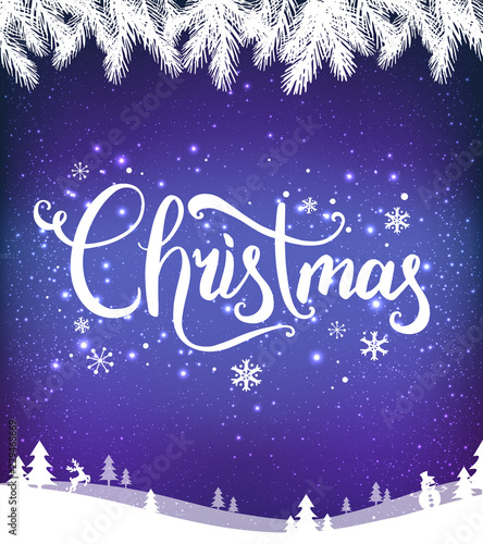 Christmas and New Year typographical on background with winter landscape with snowflakes  light  stars. Xmas card.