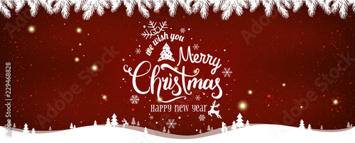 Christmas and New Year Typographical on shiny Xmas background with winter landscape with snowflakes, light, stars.