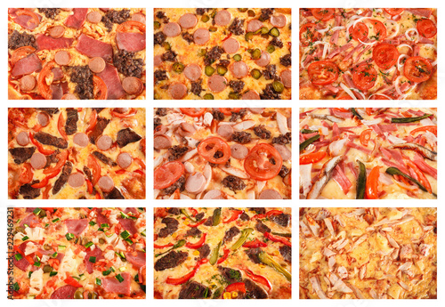 Big set of the best Italian pizzas close-up, selective focus, macro