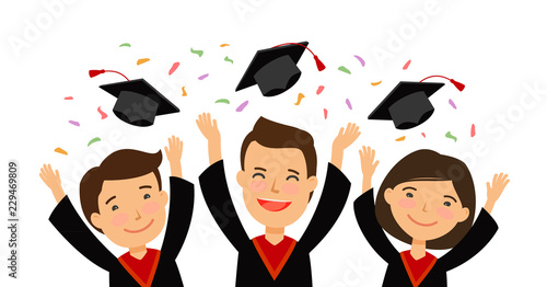 Happy graduating students throwing graduation caps. education, school, college concept. cartoon vector illustration