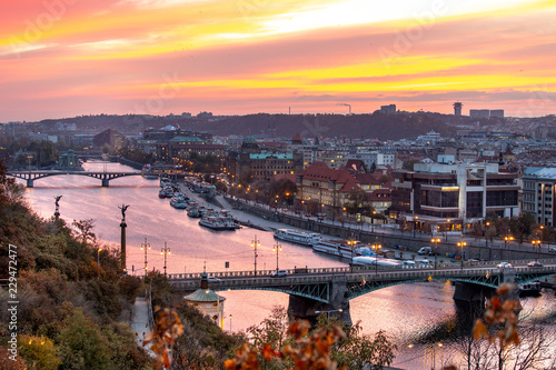  Moldau river embankment, Old town, Prague (UNESCO), Czech republic - town at sunrise in the autumn morning
