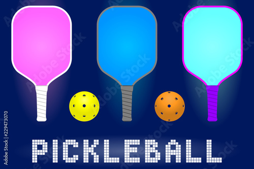 pickleball paddle rackets and balls. set of sport equipment for hobby game in modern color. stock vector illustration