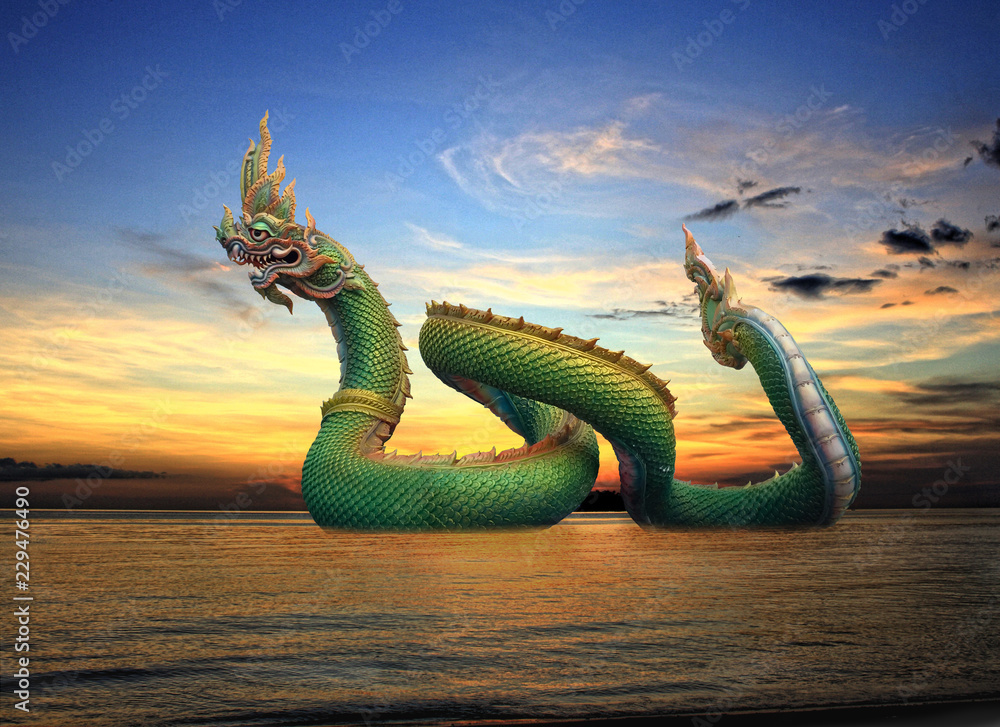 King of nagas swimming at twlight time - obrazy, fototapety, plakaty 