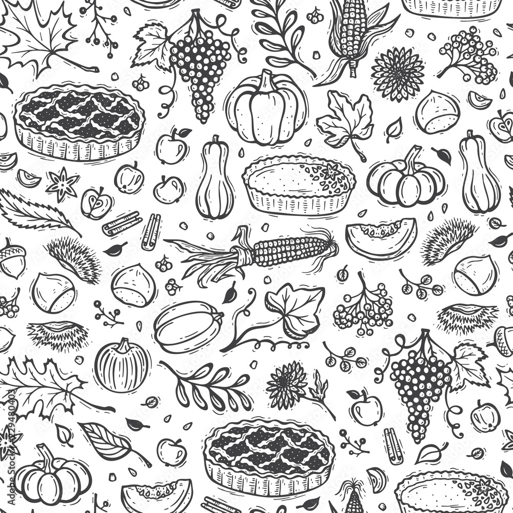 Thanksgiving Vector Food Background. Autumn Harvest Seamless Pattern. Fruits, Vegetables, Berries. Hand Drawn Doodle Apple pie, Pumpkin pie, Pumpkins, Corn, Grapes, Chestnuts, Apples, Leaves, Flowers Thanksgiving Vector Food Background. Autumn Harvest Seamless Pattern. Fruits, Vegetables, Berries. Hand Drawn Doodle Apple pie, Pumpkin pie, Pumpkins, Corn, Grapes, Chestnuts, Apples, Leaves, Flowers