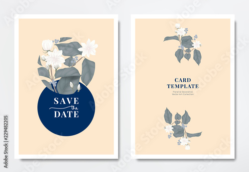 Botanical wedding invitation card template design, white jasmine and lavender flowers with leaves in circle frame on light orange background, minimalist vintage style