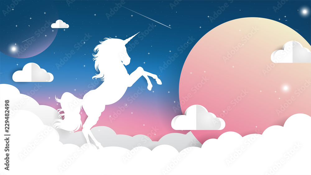 Naklejka premium Unicorn Paper cut on Night sky with moon light