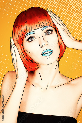 Portrait of young woman in comic pop art make-up style. Female in red wig on yellow  - orange cartoon background