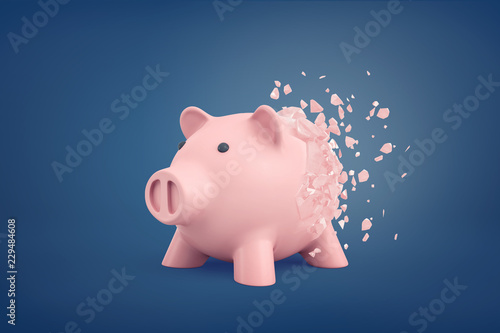3d rendering of pink piggy bank stands slowly deteriorating with some pieces flying away from it.