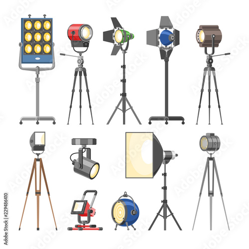 Spotlight vector light show studio with spot lamps on theater stage illustration set of projector lights photographing movie equipment isolated on white background