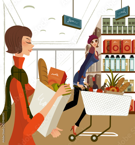 Side profile of two women shopping in a supermarket