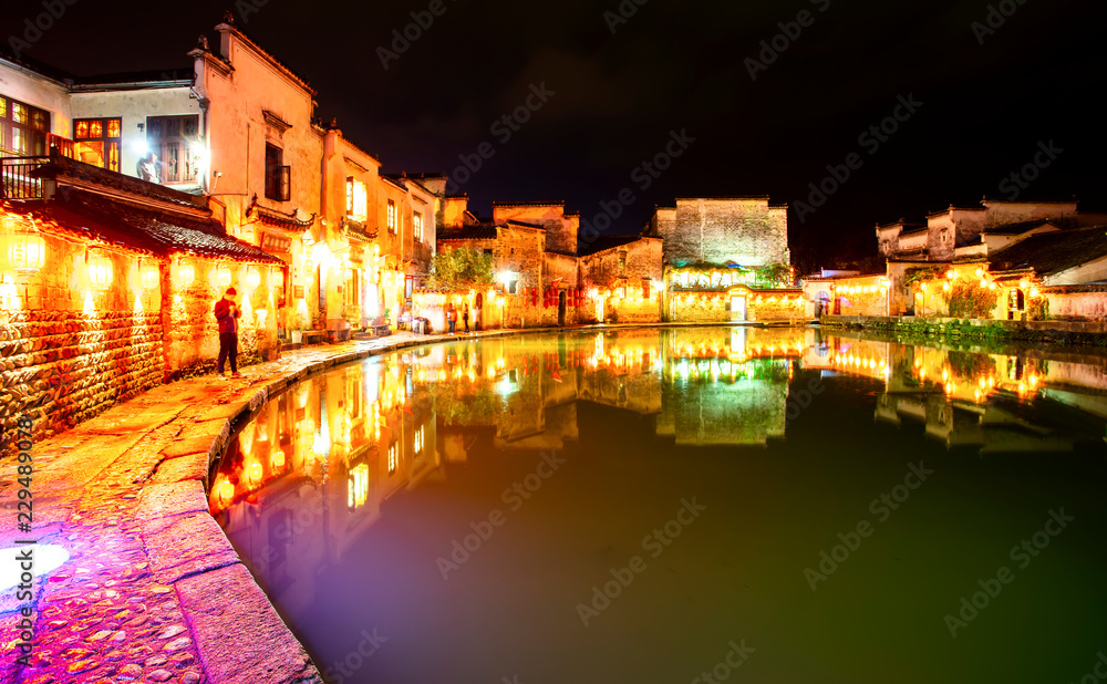 Night scene of Hongcun Ancient Town, Anhui, China