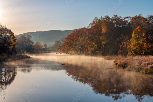 Autumn landscape of early foggy morning in the far east of Russia.