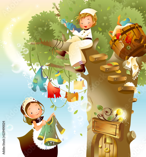 Girl drying clothes with a boy sitting on a tree branch