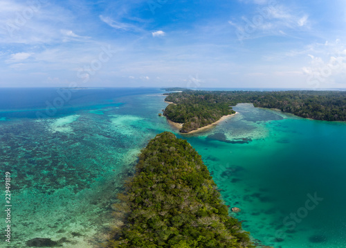 Aerial view tropical beach island reef caribbean sea. Indonesia Moluccas archipelago, Kei Islands, Banda Sea. Top travel destination, best diving snorkeling, stunning panorama. © fabio lamanna