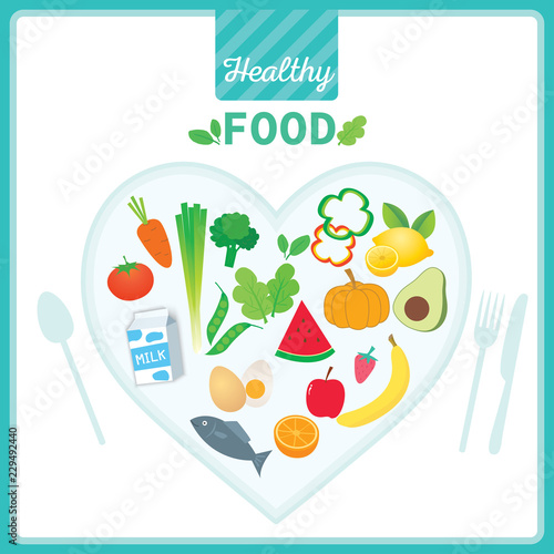 Vector of Healthy Food design with vegetables and fruits on heart shape