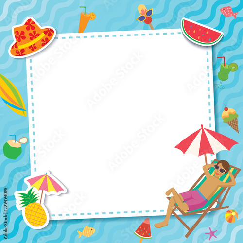 Summer pool party for template frame decorated with accessories and activity beach