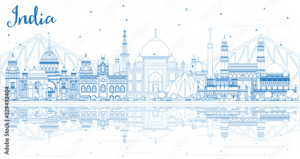Outline India City Skyline with Blue Buildings and Reflections.