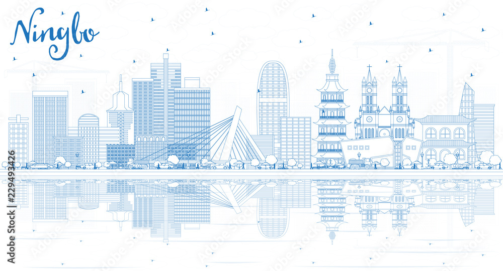 Outline Ningbo China City Skyline with Blue Buildings and Reflections.