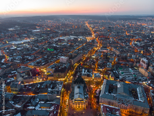 aerial view of city in night time. streets in car lights. © phpetrunina14