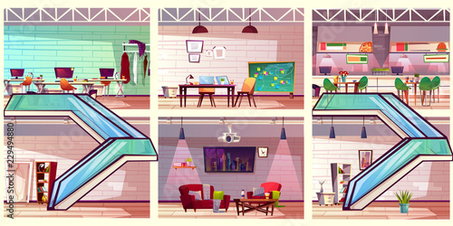 Cartoon vector coworking business center cross section loft interiors with various rooms on floors and escalators. Empty co-working office with lounge, meeting room, workplaces and cafe illustration