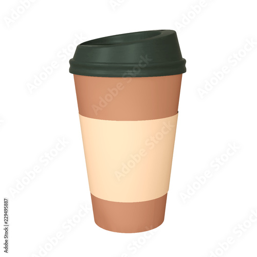 Realistic paper coffee cup with black cap and cup holder. Isolated on white background. Vector Illustration