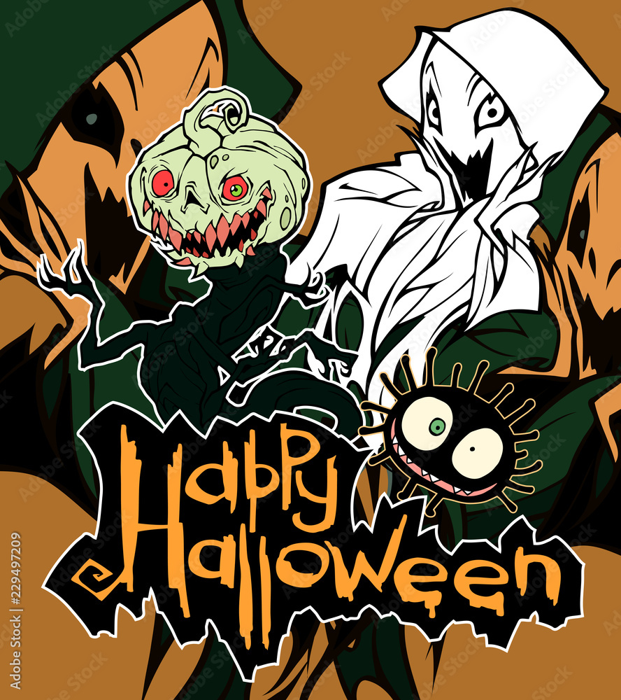 Naklejka premium Cartoon halloween illustration of a funny monster ghost. Bogy with sharp claws. Hand drawn mascot isolated