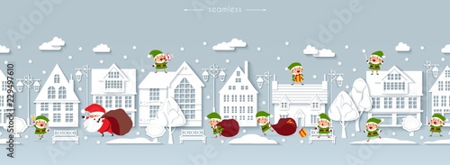 Seamless Christmas street, paper buildings, funny Santa Claus and elves, vector