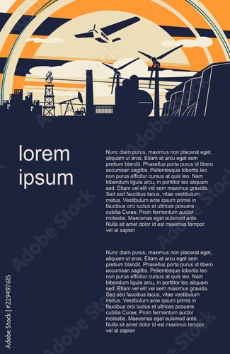 Energy and Power icons set. Sustainable energy generation and heavy industry. Vector illustration. Field for text. Modern vector brochure, report or flyer design template.