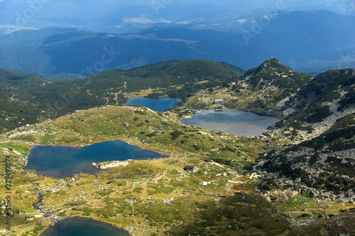 Summer view of The Twin  The Trefoil The Fish and The Lower Lakes  Rila Mountain  The Seven Rila Lakes  Bulgaria