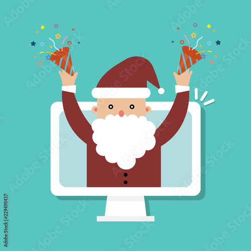 Computer screen with Santa Claus and confetti popper vector