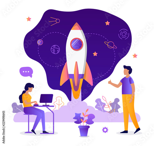 Missile launch. Start new business projects. Startup concept. Teamwork. Web development. Flat vector illustration.