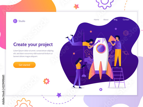 A team of specialists is building a rocket. Web banner design template. Startup concept. Teamwork and development. Flat vector illustration. 