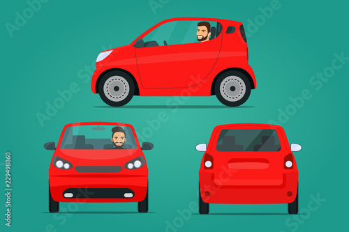 Fototapeta Naklejka Na Ścianę i Meble -  Red сompact city car set. Car with driver man side view, back view and front view. Vector flat illustration