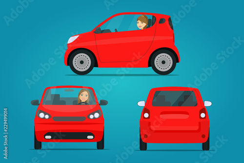 Red сompact city car set. Car with driver woman side view, back view and front view. Vector flat illustration
