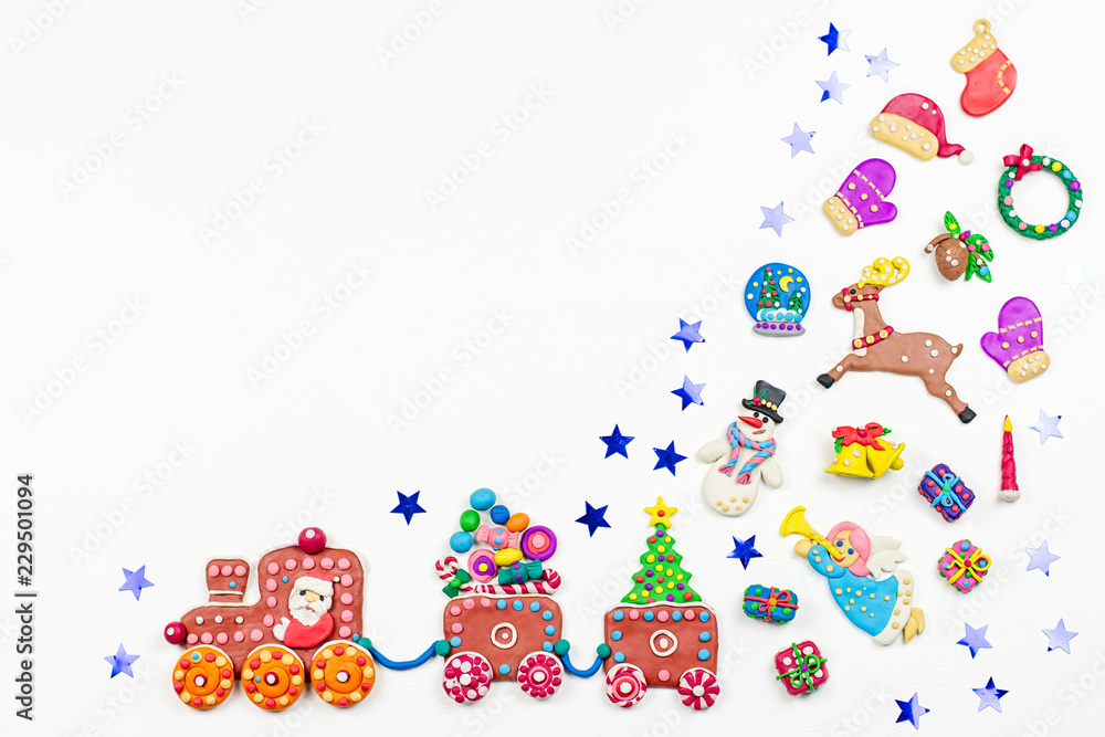 Naklejka premium Christmas background with decorations. Santa, Christmas train with tree and sweets, snowman, reindeer and gifts