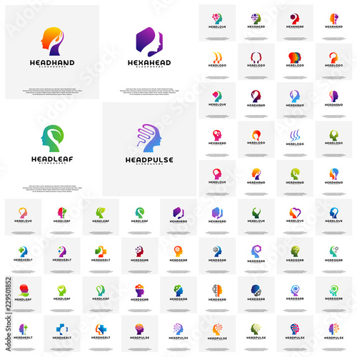 Collection of Head intelligence logo designs concept vector, Head Tech, Colorful Mind, Nature Head, Head Heal, Heat gear, head love, Hexagone head, Head hand logo template vector