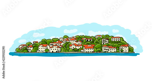 Old european city. Mediterranean sea. Sketch for your design