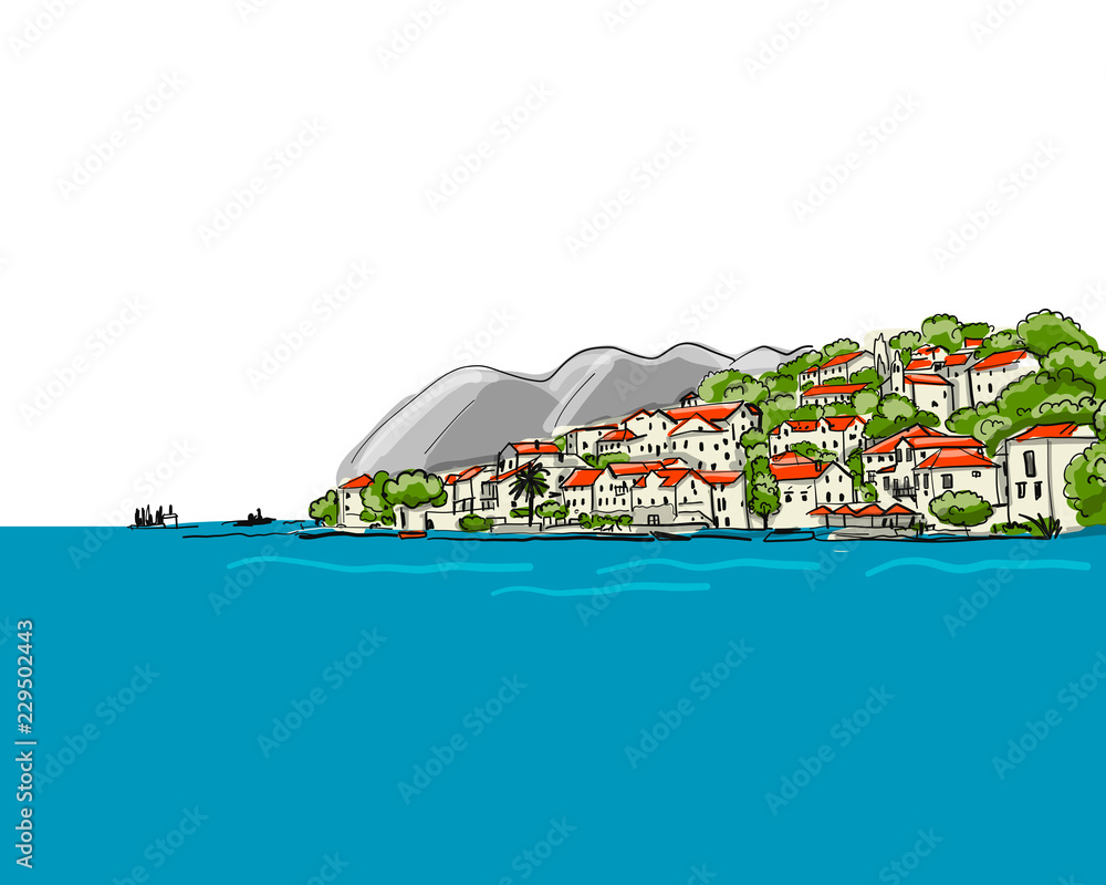 Old european city. Mediterranean sea. Sketch for your design