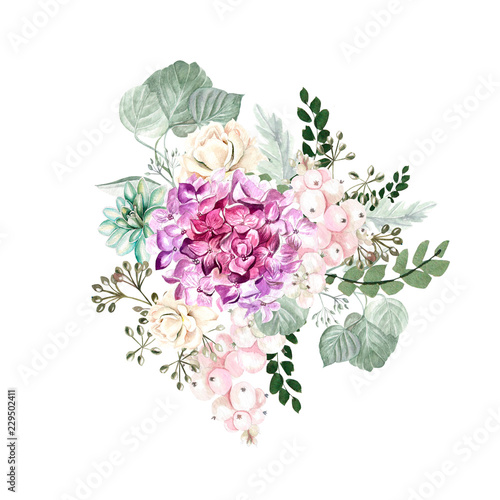 Fototapeta Naklejka Na Ścianę i Meble -  Watercolor bouquet with hydrangea flowers, roses, succulent plants, berries and leaves. 