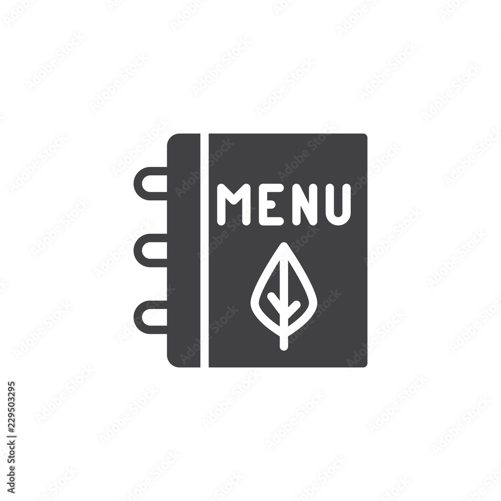 Vegetarian menu book vector icon. filled flat sign for mobile concept and web design. Food menu book simple solid icon. Symbol, logo illustration. Pixel perfect vector graphics Vegetarian menu book vector icon. filled flat sign for mobile concept and web design. Food menu book simple solid icon. Symbol, logo illustration. Pixel perfect vector graphics
