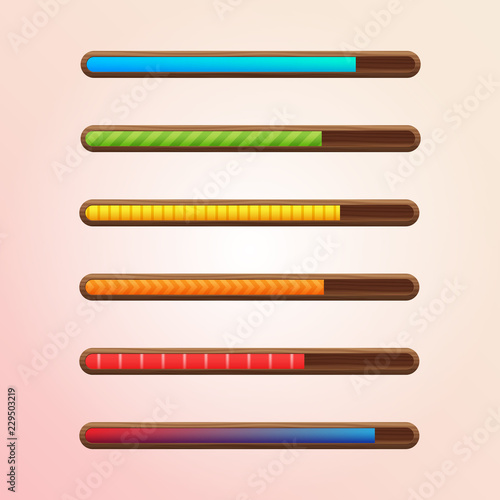 Set of six game resource bar in wooden frame with different textures. Cartoon style gui elements for mobile game. Vector design template for game, web development.