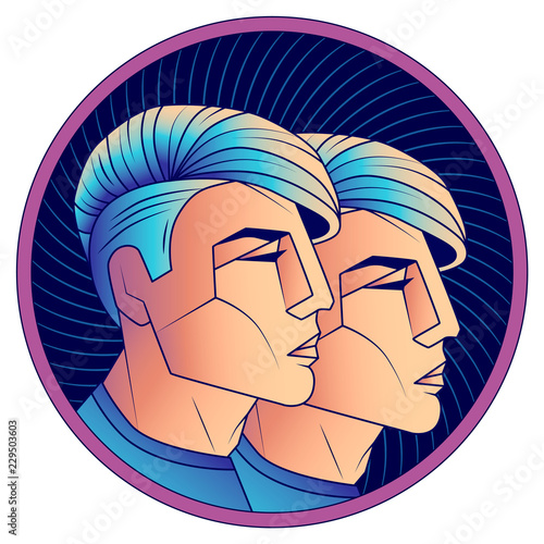 Gemini zodiac sign, astrological horoscope symbol. Futuristic style icon. Stylized graphic portrait young guys from the future with stylish modern hairstyle Undercut and blue hair. Vector illustration