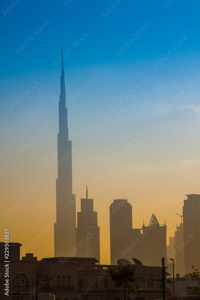 Dubai city skyline in the morning, sunrise